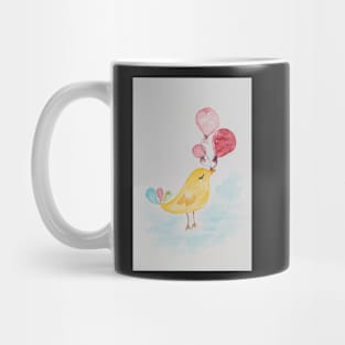 Little cute bird with balloons. Watercolor hand painted illustration for greeting card Mug